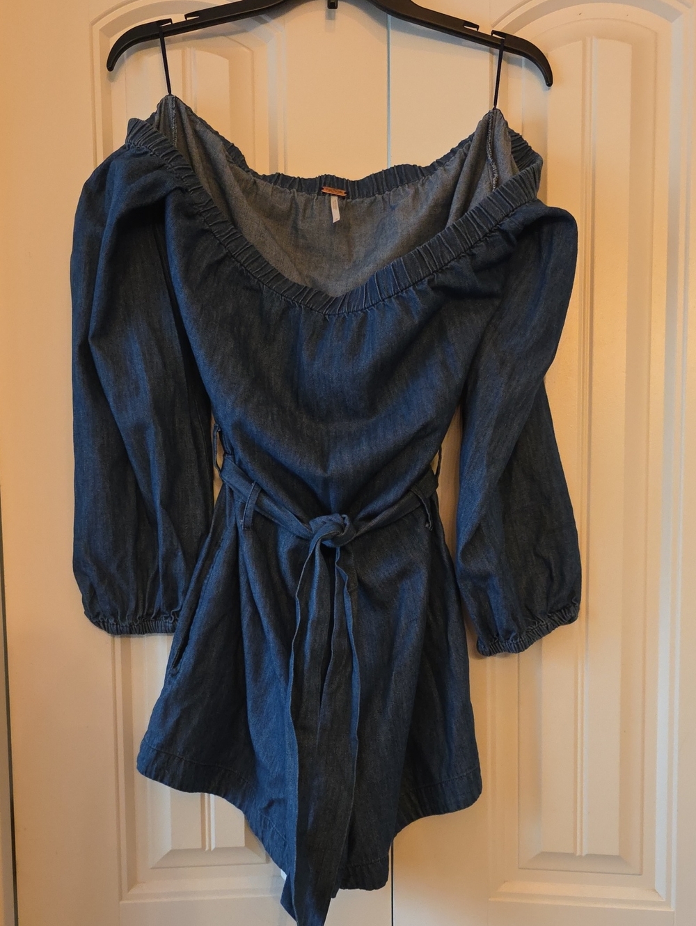 Free People Blue Off-Shoulder Denim Tunic with Waist Tie